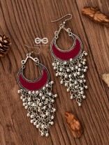 The Enamelled Moon Jhaalar (Red) - Oxidised Boho Earrings