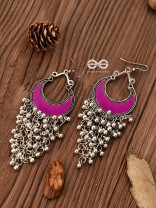 The Enamelled Moon Jhaalar (Pink) - Oxidised Boho Earrings