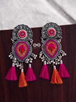 The Layered Tasseled Statement Makers (Pink-Orange) - The Embroidered Oxidised Collection
