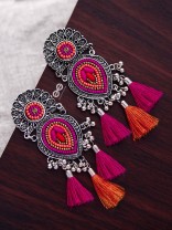 The Layered Tasseled Statement Makers (Pink-Orange) - The Embroidered Oxidised Collection