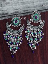 The Droplet Jhaalar Earrings (Blue Hues) - The Embroidered Oxidised Collection 