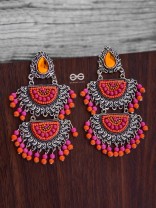 The Multilayered Elegance (Orange-Pink) - Embroidered Oxidised Earrings