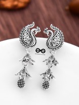 The Double Layered Peacock Jhumkis - Oxidised Boho Earrings