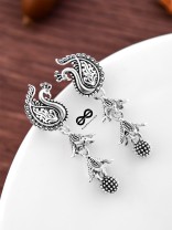 The Double Layered Peacock Jhumkis - Oxidised Boho Earrings