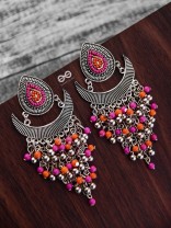 The Droplet Jhaalar Earrings (Orange-Pink) - The Embroidered Oxidised Collection