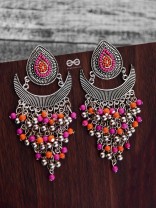 The Droplet Jhaalar Earrings (Orange-Pink) - The Embroidered Oxidised Collection