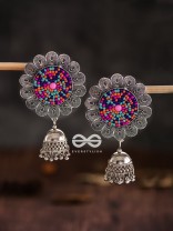 The Beaded Bohemian Flower Jhumkas (Multicoloured) - Embroidered Oxidised Collection