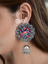 The Beaded Bohemian Flower Jhumkas (Multicoloured) - Embroidered Oxidised Collection