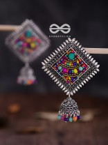 The Beaded Bohemian Square Jhumkas(Multicoloured) - Embroidered Oxidised Collection