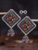 The Beaded Bohemian Square Jhumkas(Multicoloured) - Embroidered Oxidised Collection