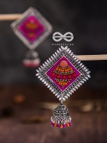 The Beaded Bohemian Square Jhumkas(Orange-Pink) - Embroidered Oxidised Collection