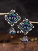 The Beaded Bohemian Square Jhumkas(Blue Hues) - Embroidered Oxidised Collection