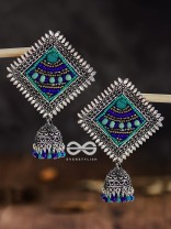 The Beaded Bohemian Square Jhumkas(Blue Hues) - Embroidered Oxidised Collection
