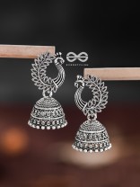 The Intricate Peacock Jhumkis - Oxidised Boho Earrings