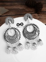The Intricate Peacock Sun Triple Jhumkis - Oxidised Boho Earrings