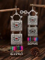 The Double Embellished Trunks (Red Hues) - Oxidised Boho Earrings - Multicolour