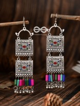 The Double Embellished Trunks (Red Hues) - Oxidised Boho Earrings - Multicolour
