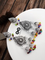 The Multicoloured Droplet Triple Jhumkis - Oxidised Boho Earrings