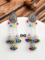 The Shimmery Droplet Triple Multicoloured Jhumkis - The Oxidised Boho Collection