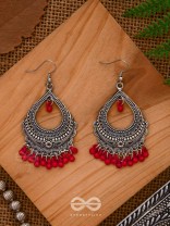 The Intricate Motif Drops - Oxidised Boho Earrings - Red