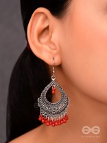 The Intricate Motif Drops - Oxidised Boho Earrings - Red