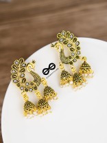 The Golden Peacock Triple Jhumkis - Oxidised Boho Earrings