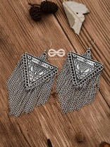 The Triangle Chained Danglers - Oxidised Boho Earrings