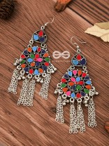 The Multicoloured Enamel Chained Danglers - Oxidised Boho Earrings