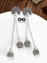 The Double Jhumki Fanning Peacock Danglers - Oxidised Boho Earrings