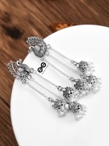 The Intricate Peacock Triple Hanging Jhumkis - Oxidised Boho Earrings