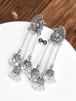 The Intricate Peacock Triple Hanging Jhumkis - Oxidised Boho Earrings