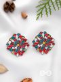 The Floral Fantasy- Oxidised Statement Stud Earrings  (Stone Blue, Crimson & Red Orange)