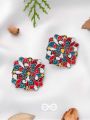 The Floral Fantasy- Oxidised Statement Stud Earrings  (Stone Blue, Crimson & Red Orange)