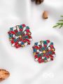 The Floral Fantasy- Oxidised Statement Stud Earrings  (Stone Blue, Crimson & Red Orange)