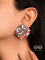 The Floral Fantasy- Oxidised Statement Stud Earrings  (Stone Blue, Crimson & Red Orange)