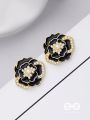 DEW DROPPED PEONIES - GOLDEN ENAMELLED STUDS (BLACK)