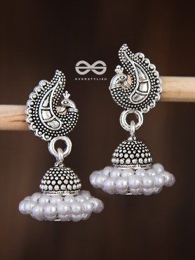 The Braided Pearl Peacock Jhumkis - Oxidised Boho Earrings
