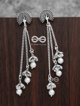 The Fanning Peacock Triple Pearl Jhumkis - Oxidised Boho Earrings