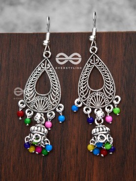 The Meshed Artwork Jhumkis (Multicolour) - Oxidised Boho Earrings
