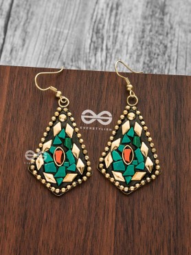 A Handcrafted Delight - Golden Turquoise Tribal Style Earrings