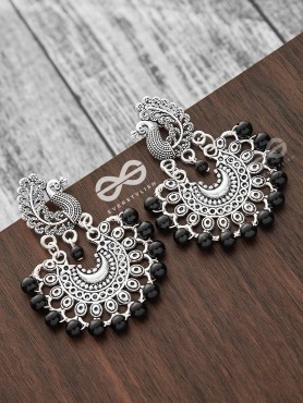 The Peacock Motif Moon Black Pearl Earrings - Silver