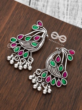 The Vintage Bird Artwork Studs(Ruby-Emerald) - Embellished Oxidised Collection