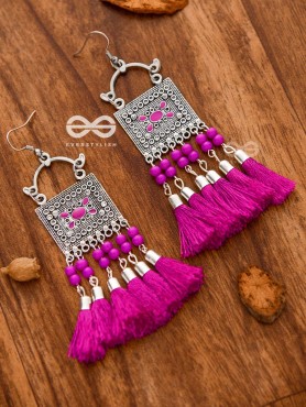 The Enamelled Tassel Squares (Fuchsia) - Oxidised Boho Earrings