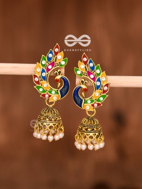 The Little Meenakari Artwork Peacock Jhumkis (Golden)