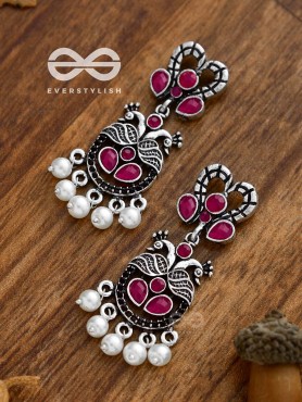 The Enigmatic Peacock Artwork Earrings (Ruby Red) - Embellished Oxidised Collection
