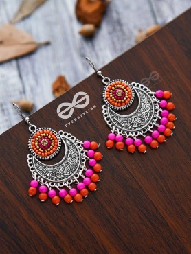 The Delightful Motif Moon (Orange-Pink) - Embroidered Oxidised Earrings