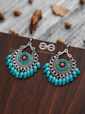 The Splendid Stunners (Teal-Blue) - Embroidered Oxidised Earrings
