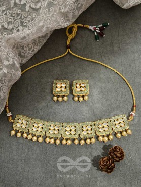THE WINDOWS OF OPULENCE - SET OF STATEMENT CHOKER AND EARRINGS(Artichoke green)