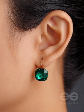 The Ice Cube- Crystal Golden Earrings (Juniper Green)