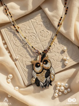 Shakuneya - The Owl King -  Sequins And Cutdana Hand Embroidered Necklace (Ebony Black And Golden)